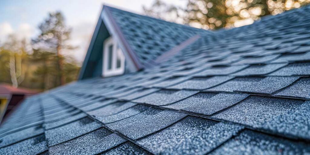 A close-up view of a residential rooftop with some snow and visible shingles under clear sky.