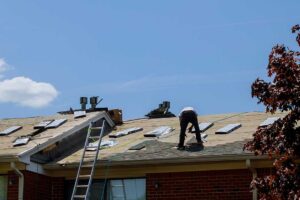 Homeowner examining roof shingles and gutters from the ground after seasonal weather.